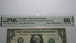 $1 1988 Radar Serial Number Federal Reserve Currency Bank Note Bill PMG UNC66EPQ