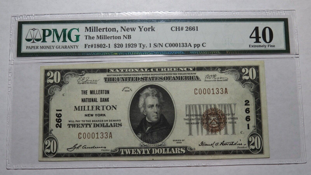 $20 1929 Millerton New York NY National Currency Bank Note Bill Ch. #2661 XF40