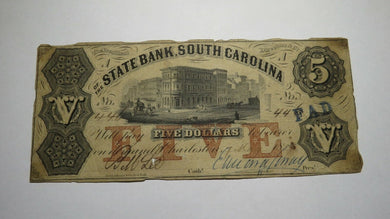 $5 1857 Charleston South Carolina SC Obsolete Currency Bank Note Bill State Bank