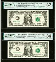 Load image into Gallery viewer, 2 $1 2001 &amp; 2003 Matching Radar Serial Numbers Federal Reserve Bank Note Bills