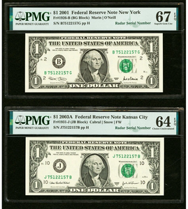 2 $1 2001 & 2003 Matching Radar Serial Numbers Federal Reserve Bank Note Bills