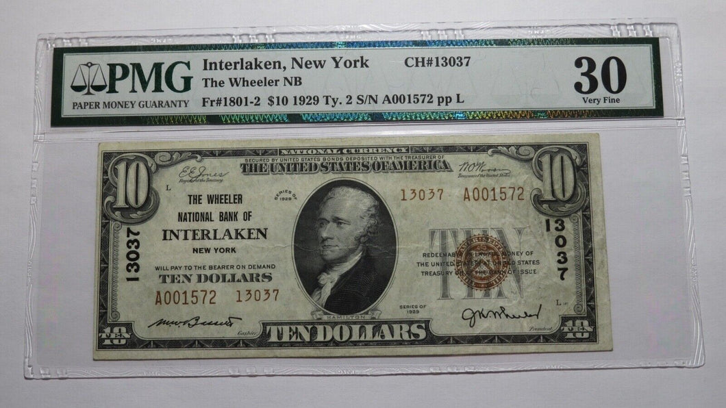 $10 1929 Interlaken New York NY National Currency Bank Note Bill! Ch #13037 VF30