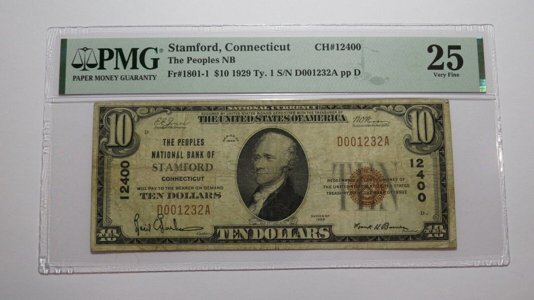 $10 1929 Stamford Connecticut National Currency Bank Note Bill #12400 VF25 PMG