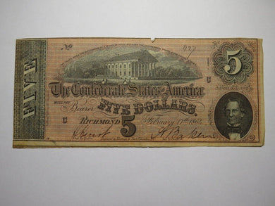 $5 1864 Richmond Virginia VA Confederate Currency Bank Note Bill RARE T69 FINE+