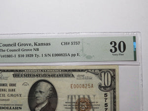 $10 1929 Council Grove Kansas KS National Currency Bank Note Bill Ch. #5757 VF30