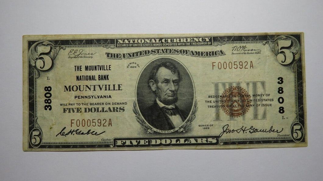 $5 1929 Mountville Pennsylvania PA National Currency Bank Note Bill! Ch #3808 VF