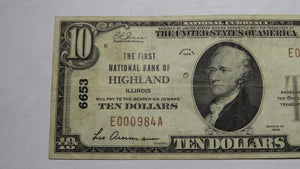 $10 1929 Highland Illinois IL National Currency Bank Note Bill! Ch. #6653 VF!