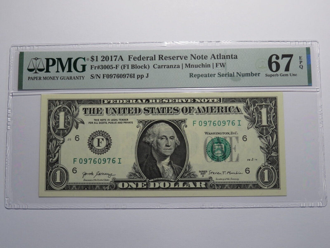 $1 2017 Repeater Serial Number Federal Reserve Currency Bank Note Bill PMG UNC67