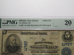 $5 1902 Hillside New Jersey NJ National Currency Bank Note Bill #11727 VF20 PMG