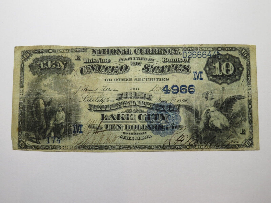 $10 1882 Lake City Iowa IA National Currency Bank Note Bill Ch. #4966 FINE+