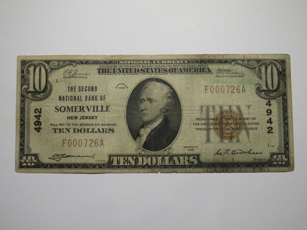 $10 1929 Somerville New Jersey NJ National Currency Bank Note Bill Ch #4942 FINE