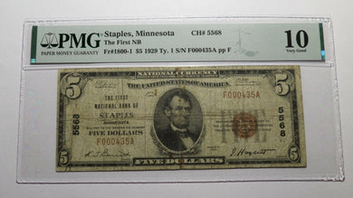 $5 1929 Staples Minnesota MN National Currency Bank Note Bill Ch #5568 VG10 PMG