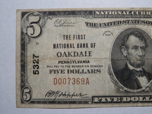 $5 1929 Oakdale Pennsylvania PA National Currency Bank Note Bill Ch. #5327 FINE!