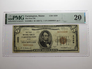 $5 1929 Farmington Maine ME National Currency Bank Note Bill Ch. #4459 VF20 PMG