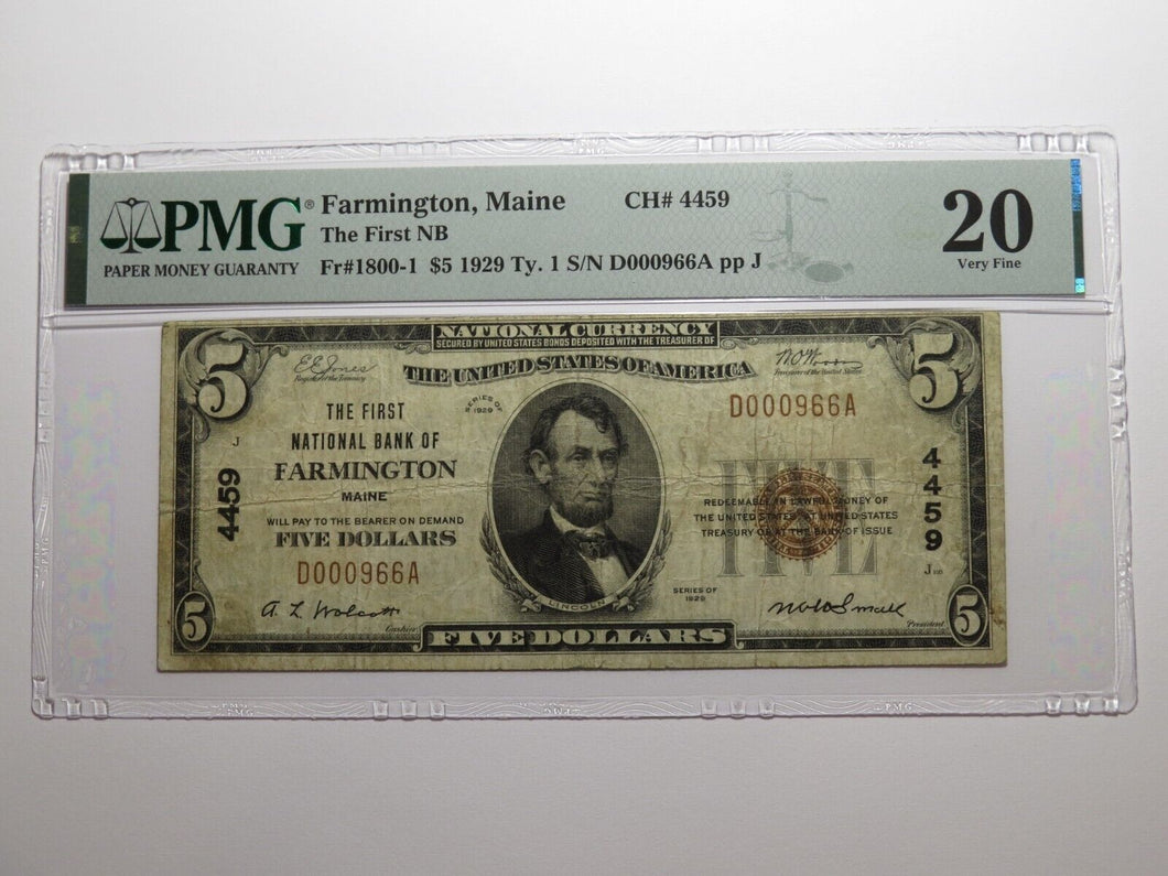 $5 1929 Farmington Maine ME National Currency Bank Note Bill Ch. #4459 VF20 PMG