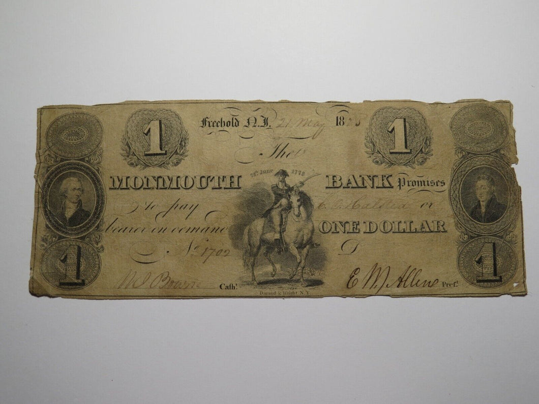 $1 1825 Freehold New Jersey Obsolete Currency Bank Note Bill Monmouth Bank