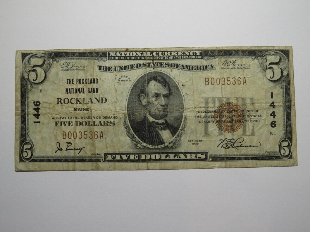 $5 1929 Rockland Maine ME National Currency Bank Note Bill Charter #1446 FINE