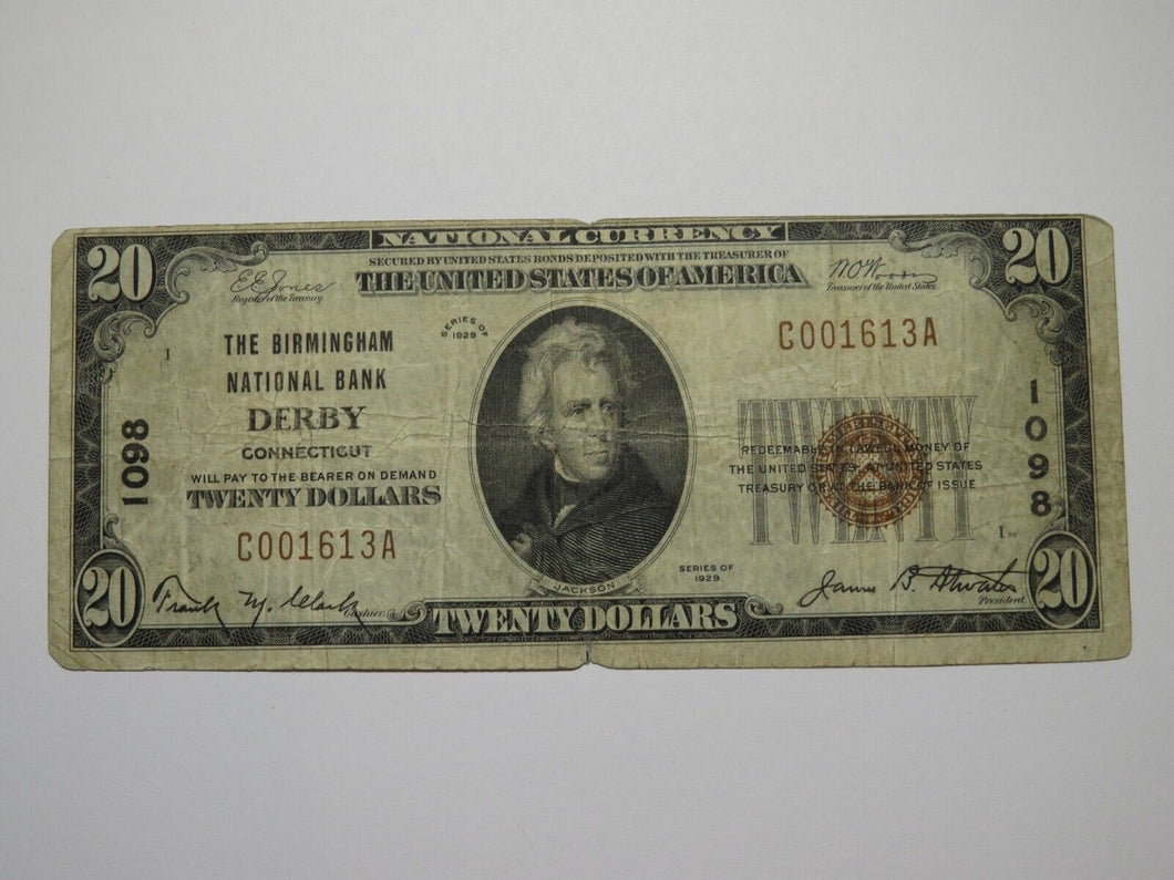 $20 1929 Derby Connecticut National Currency Bank Note Bill Ch. #1098 Birmingham