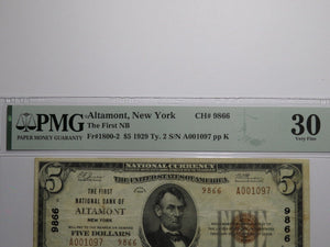 $5 1929 Altamont New York NY National Currency Bank Note Bill Ch. #9866 VF30