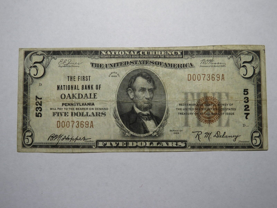 $5 1929 Oakdale Pennsylvania PA National Currency Bank Note Bill Ch. #5327 FINE!