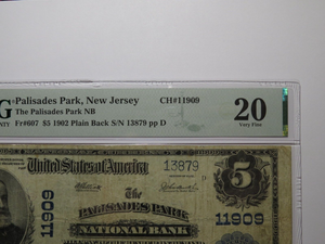 $5 1902 Palisades Park New Jersey NJ National Currency Bank Note Bill 11909 VF20