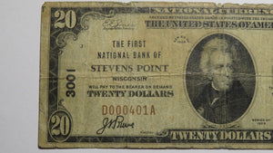 $20 1929 Stevens Point Wisconsin WI National Currency Bank Note Bill! #3001 RARE