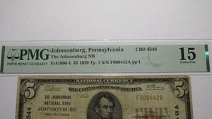 $5 1929 Johnsonburg Pennsylvania National Currency Bank Note Bill #4544 F15 PMG