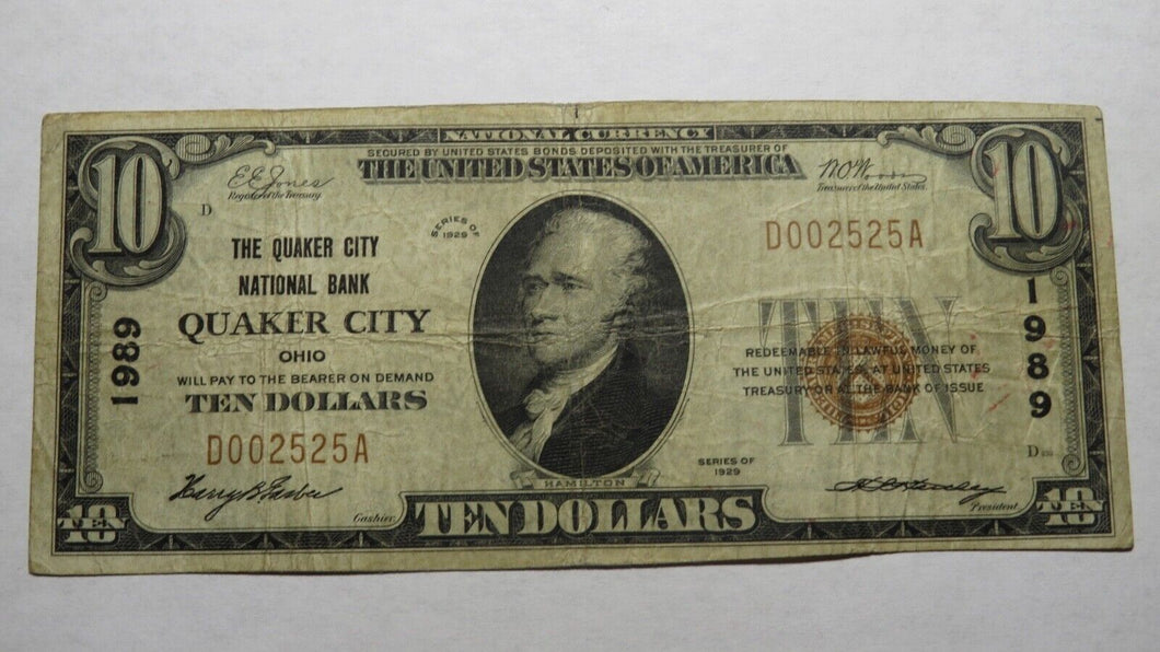 $10 1929 Quaker City Ohio OH National Currency Bank Note Bill Ch. #1989 FINE