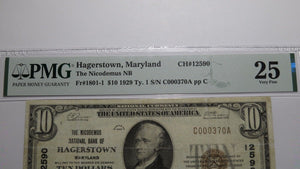 $10 1929 Hagerstown Maryland MD National Currency Bank Note Bill #12590 VF25 PMG