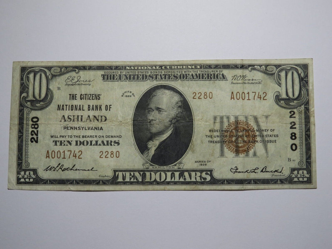 $10 1929 Ashland Pennsylvania PA National Currency Bank Note Bill Ch. #2280 FINE