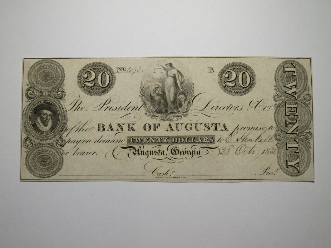 $20 1833 Augusta Georgia Obsolete Currency Bank Note Bill UNC++ Bank of Augusta