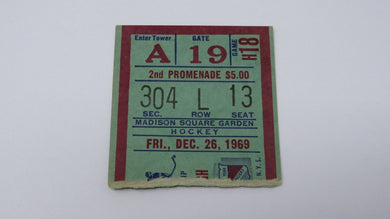 December 26, 1969 New York Rangers Vs. Pittsburgh Penguins Hockey Ticket Stub