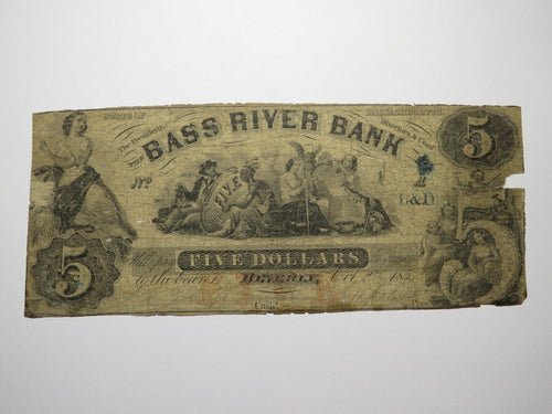 $5 1857 Beverly Massachusetts Obsolete Currency Bank Note Bill Bass River Bank