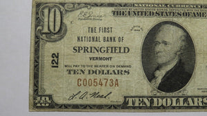 $10 1929 Springfield Vermont VT National Currency Bank Note Bill Ch. #122 FINE+