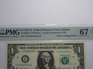 $1 2017 Radar Serial Number Federal Reserve Currency Bank Note Bill PMG UNC67EPQ