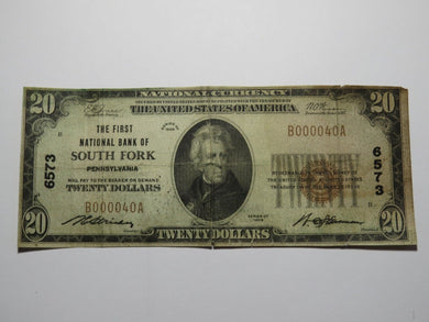 $20 1929 South Fork Pennsylvania PA National Currency Bank Note Bill #6573 RARE