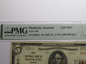 $5 1929 Mankato Kansas KS National Currency Bank Note Bill Ch. #6817 VF30 PMG