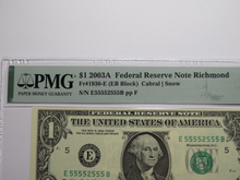 Load image into Gallery viewer, $1 2003 Near Solid Serial Number Federal Reserve Bank Note Bill UNC64 #55552555