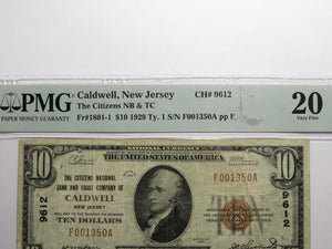 $10 1929 Caldwell New Jersey NJ National Currency Bank Note Bill Ch #9612 VF20