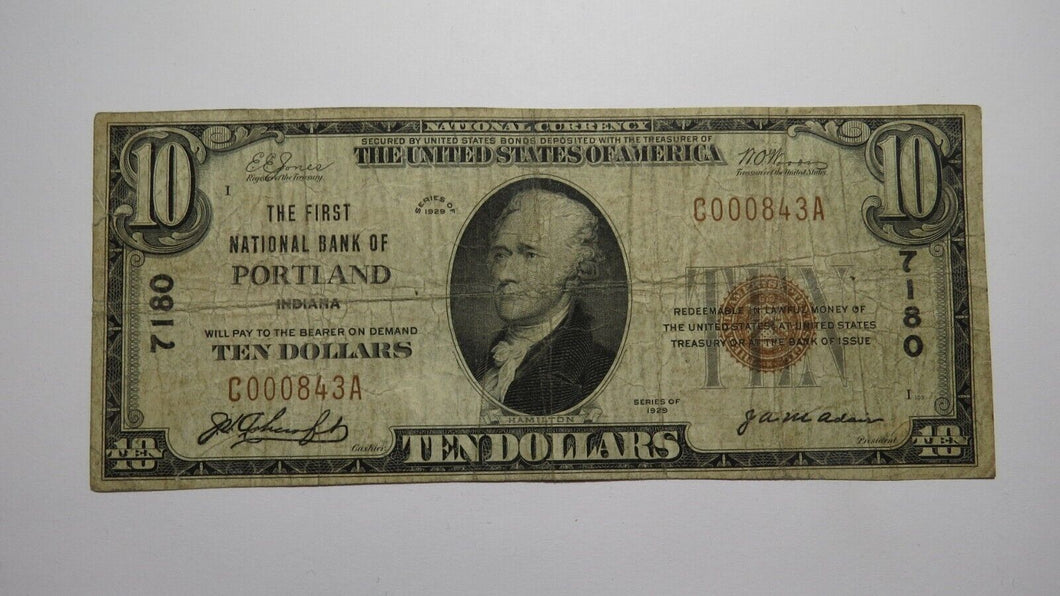 $10 1929 Portland Indiana IN National Currency Bank Note Bill Charter #7180 RARE