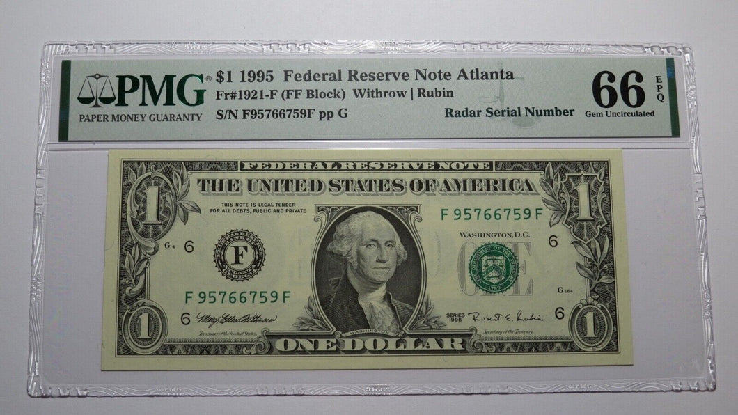 $1 1995 Radar Serial Number Federal Reserve Currency Bank Note Bill PMG UNC66EPQ