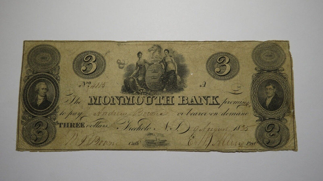 $3 1825 Freehold New Jersey Obsolete Currency Bank Note Bill Monmouth Bank!