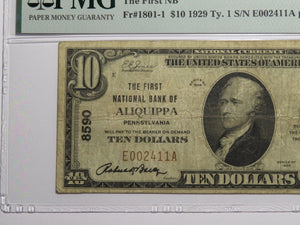 $10 1929 Aliquippa Pennsylvania National Currency Bank Note Bill Ch. #8590 VF20