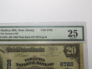 $20 1902 Mullica Hill New Jersey NJ National Currency Bank Note Bill #6728 VF25