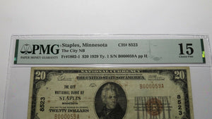 $20 1929 Staples Minnesota MN National Currency Bank Note Bill Ch #8523 F15 PMG