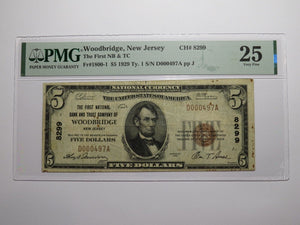 $5 1929 Woodbridge New Jersey NJ National Currency Bank Note Bill Ch #8299 VF25