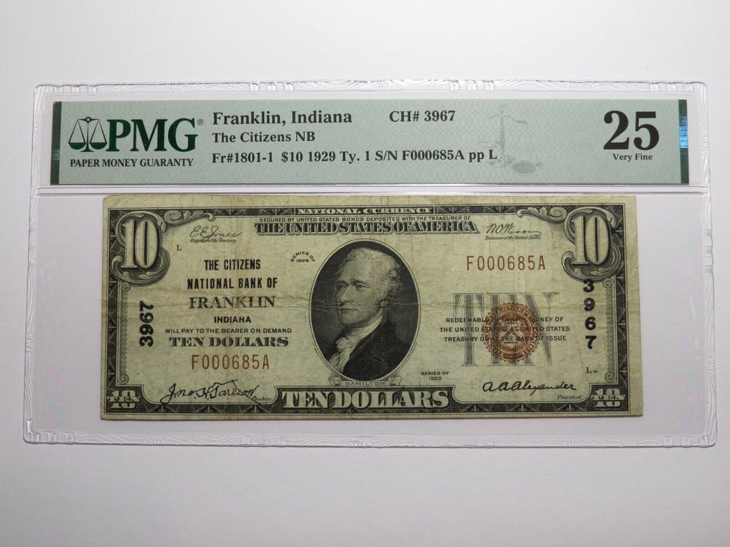 $10 1929 Franklin Indiana IN National Currency Bank Note Bill Ch. #3967 VF25 PMG