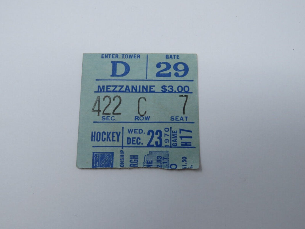 December 23, 1970 New York Rangers Vs Pittsburgh Penguins NHL Hockey Ticket Stub