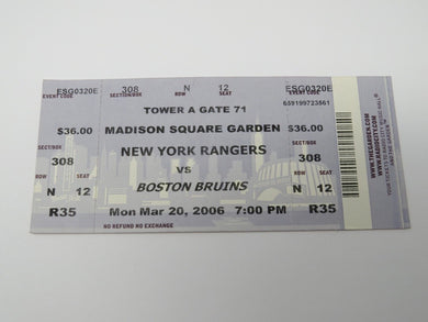 March 20, 2006 New York Rangers Vs. Boston Bruins NHL Hockey Ticket Stub