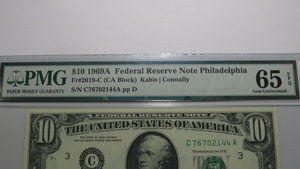 $10 1969-A Federal Reserve Bank Note Bill PMG Graded Gem Uncirculated 65EPQ!